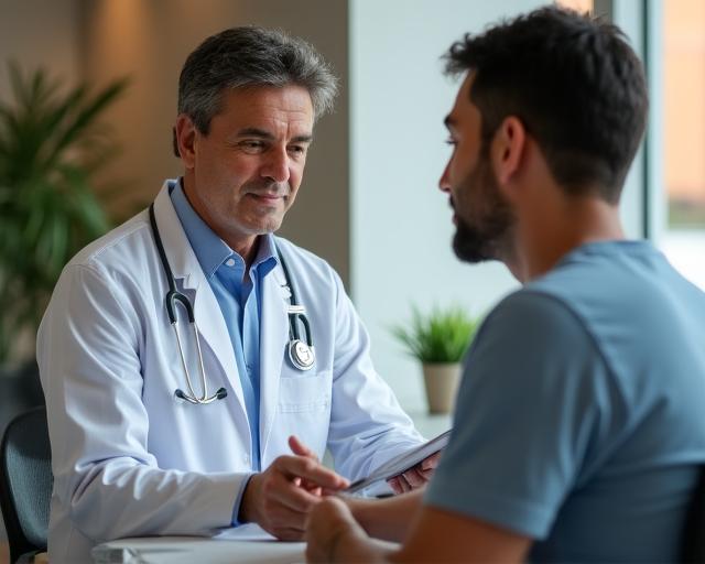 Médico realizando evaluación inicial de síntomas prostáticos a paciente